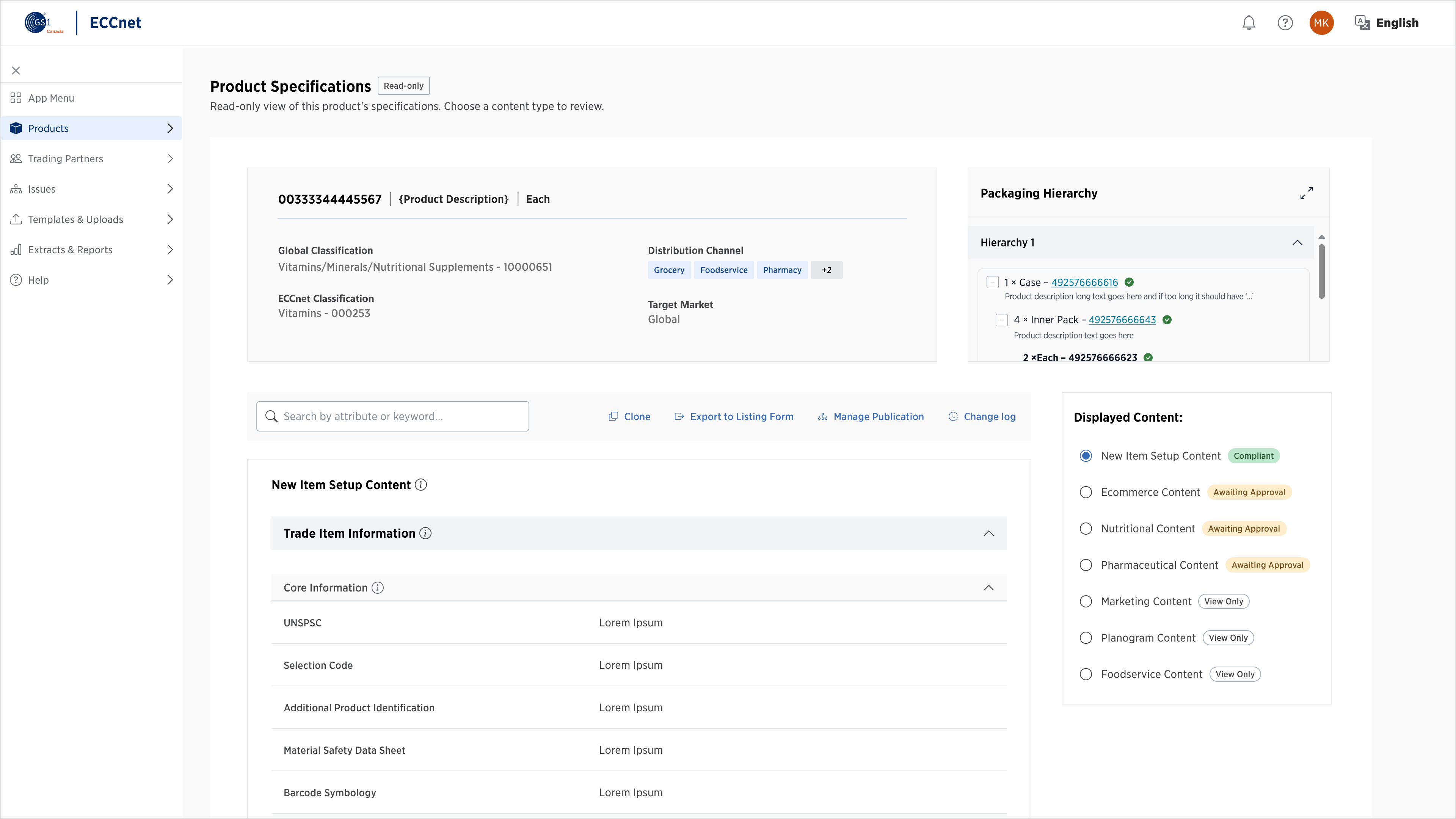 Review Product Information screen showing a single product with toggles between eCommerce, Nutritional, and Pharmaceutical content